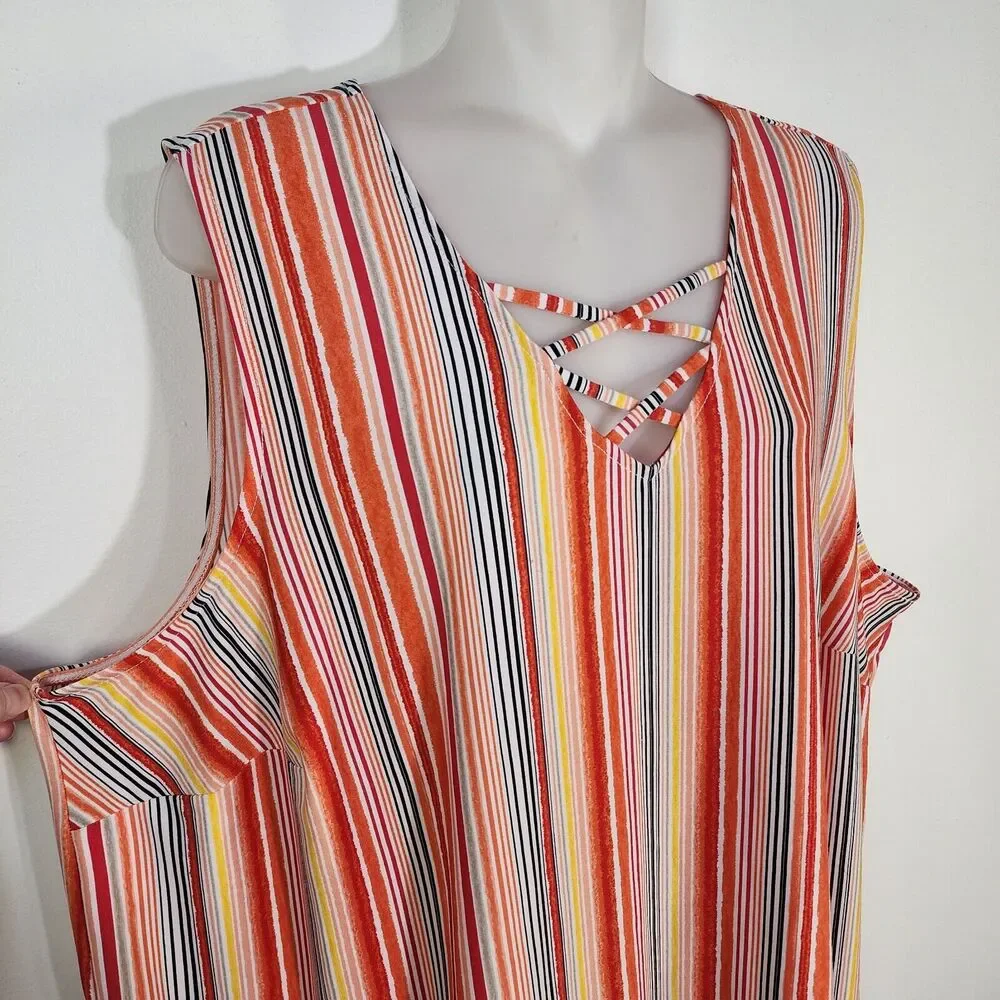 Catherines Black Label Womens Tank Top 2X Sleeveless Orange Stripes Criss Cross